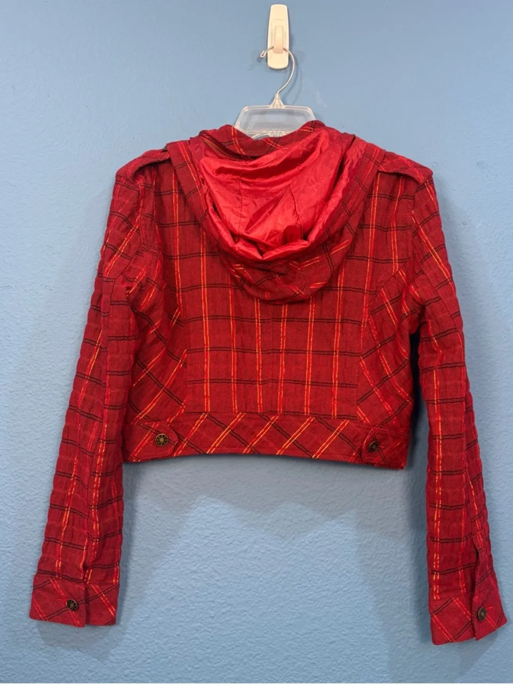 Feline Red Gold Plaid Cropped Full Zip Jacket Detachable Hood Junior Size Large - Picture 2 of 16